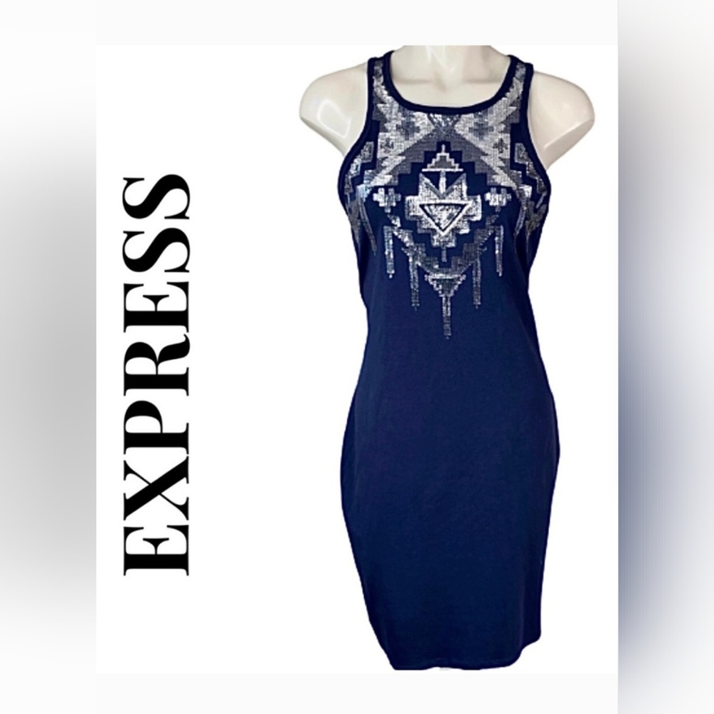 Express Midnight Blue Sequin Midi Dress. Size Small